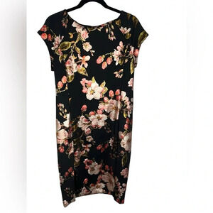 ECI New York Women's Dress 10 Black Pink Floral Shift Self-Lined Knee Length